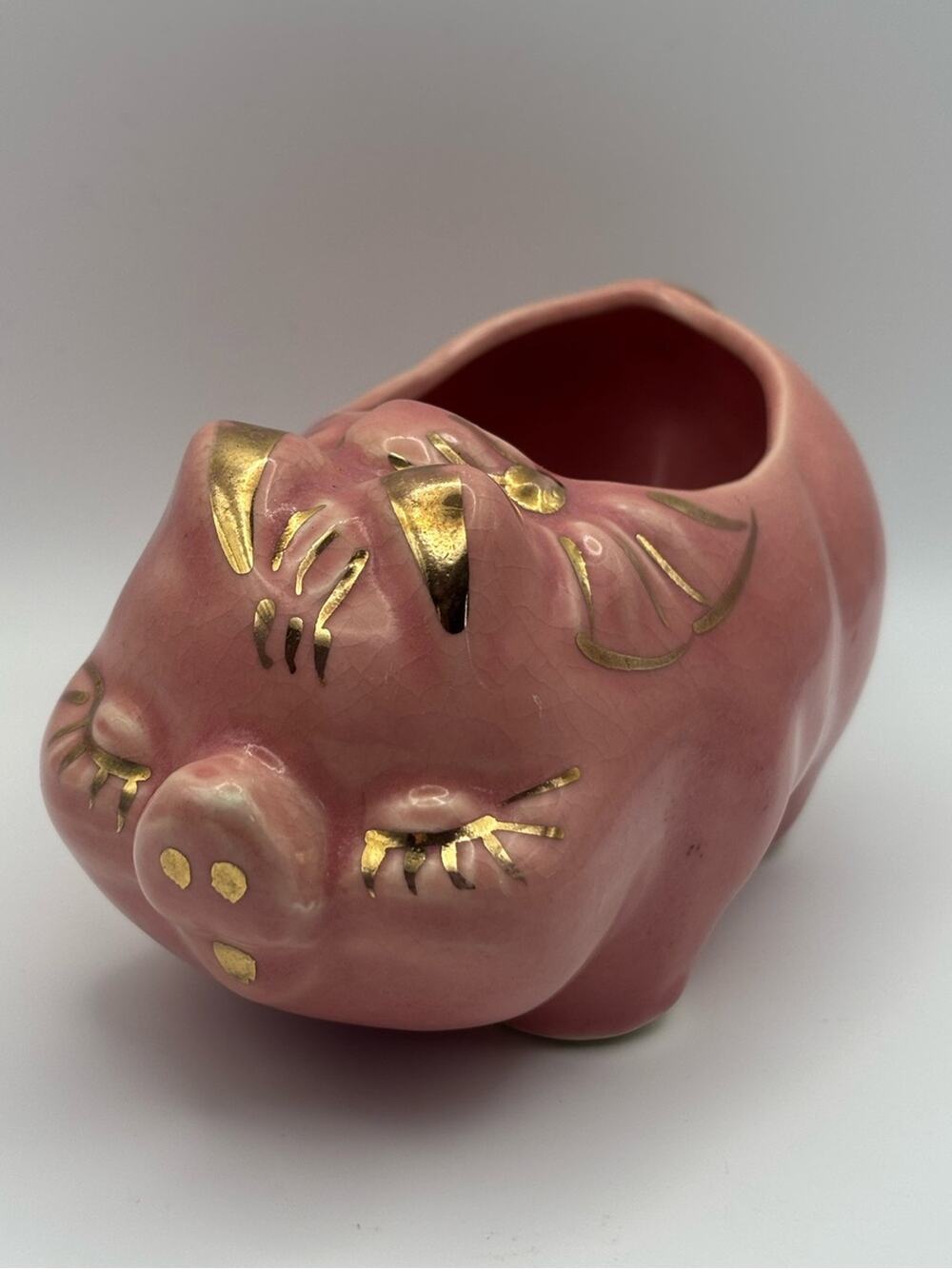 Vintage MCM Kitsch Pastel Pink Piggy Planter Hand-Painted with Gold Trim